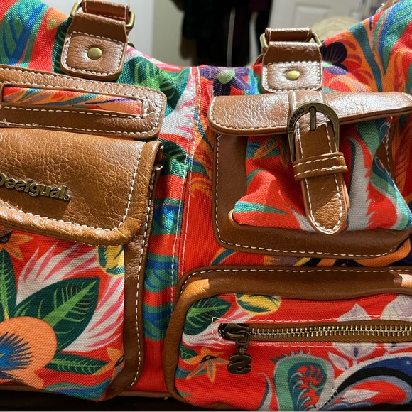 Great condition Desigual bag multi colour with camel leather and top zipper - Picture 6 of 8